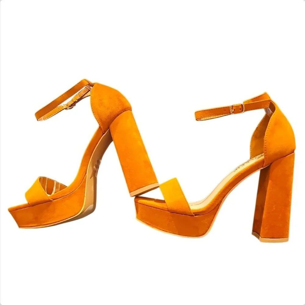 Block Heel Ankle Strap Open Toe Platform Sandals In Vibrant Camel Faux Suede